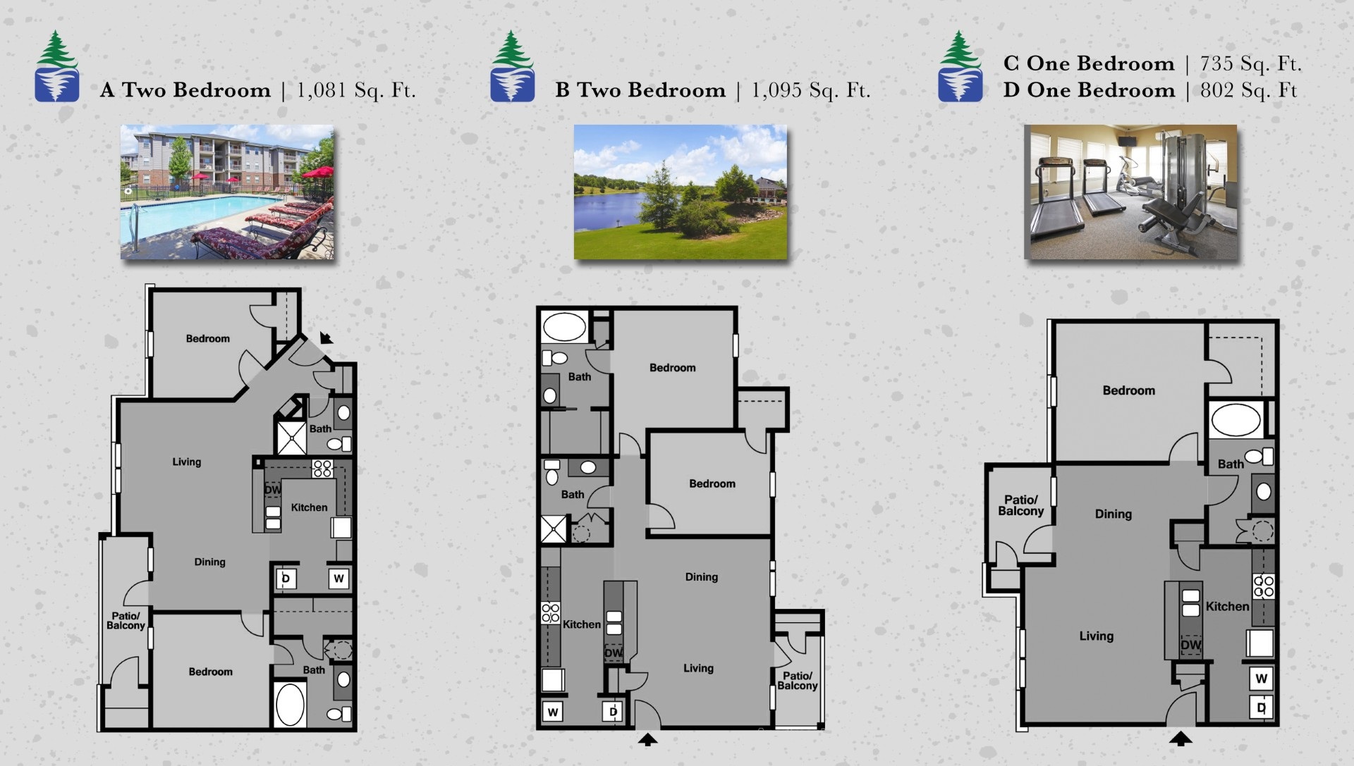 Floor plan layouts — A Two Bedroom 1,081 sq ft, B Two Bedroom 1,095 sq ft, C/D One Bedroom 735–802 sq ft